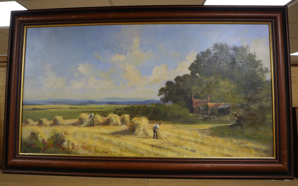 English School, oil on canvas, Harvesters in a landscape, indistinctly signed, 40 x 75cm